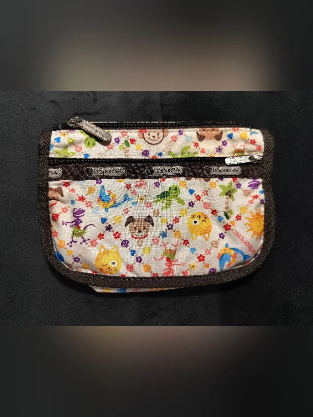 NEW Lesportsac Multicolor Animal Print Small 2 Zip Pouch with Brown Trim